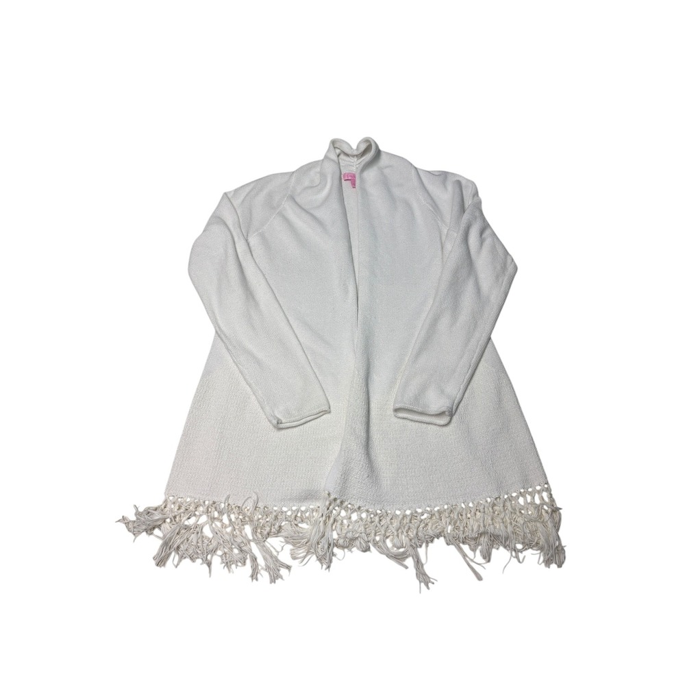 Lilly Pulitzer White Cotton Fringe Macrame Open Front Cardigan‎ Sweater Womens L